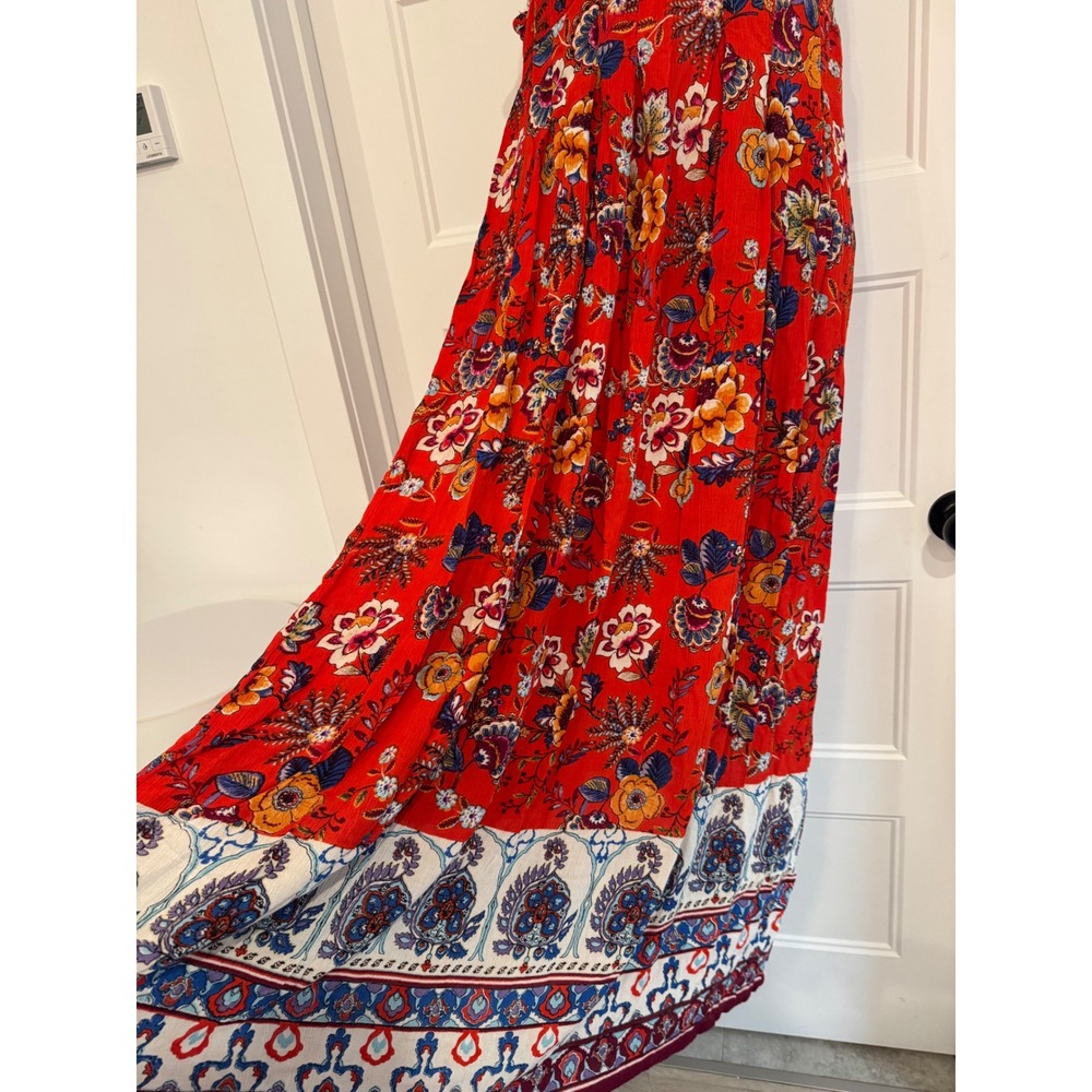 Patrons of Peace Red Floral Boho Maxi Dress Crochet Trim Smocked Back Medium - Picture 5 of 7